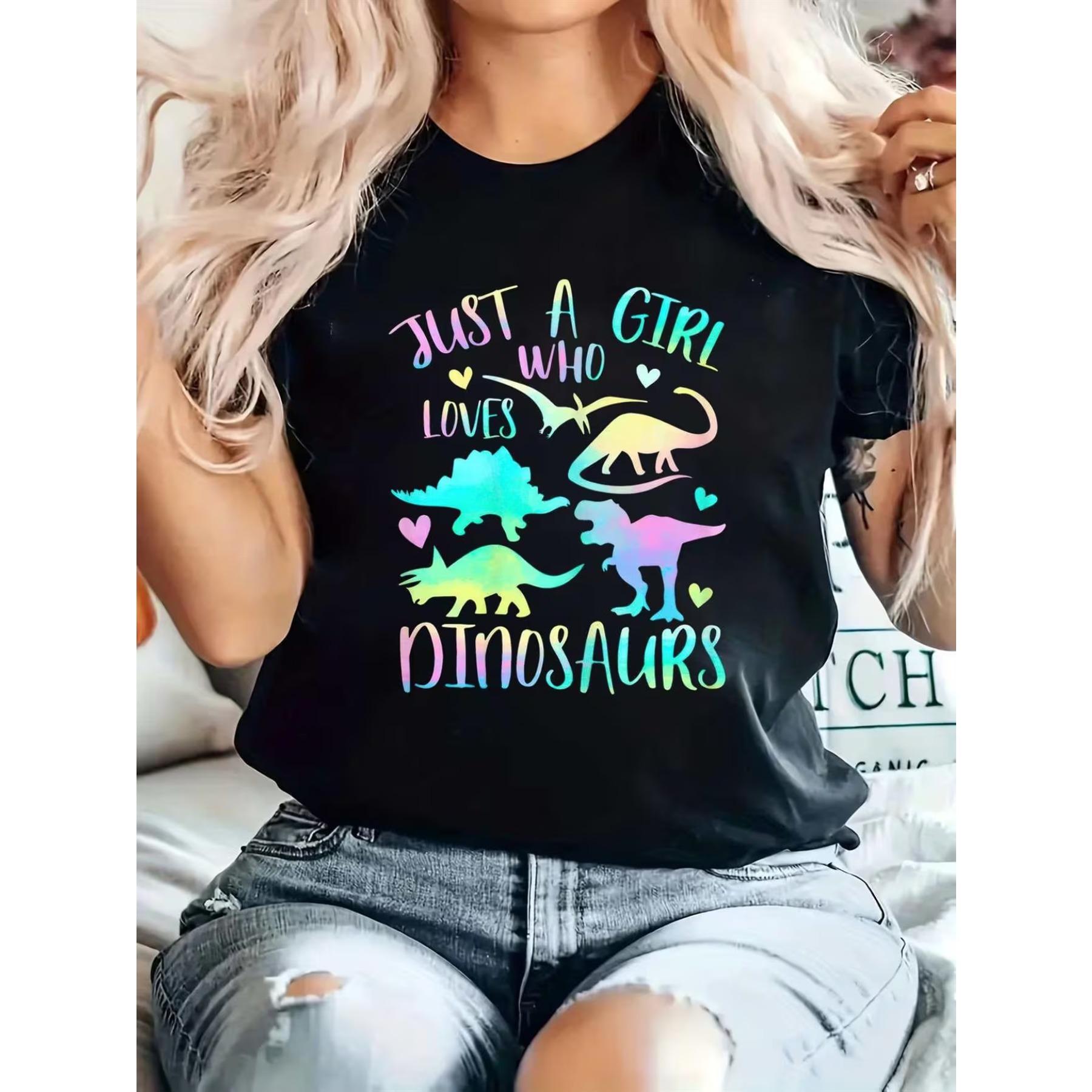 

Graphic T-Shirt for Dinosaur Lovers - Women S Casual Short Sleeve Round Neck Tee Featuring A Colorful Dinosaur and Heart Design XXL