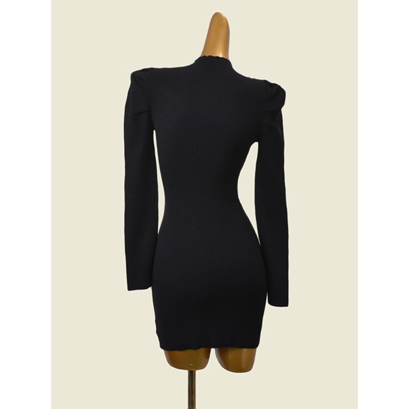 Daily Order Puff Sleeves Long Sleeves Bodycon Dress Fashion Wind Minimalist Small Stand-up Collar Slim Fit High Elastic Knitting Dress