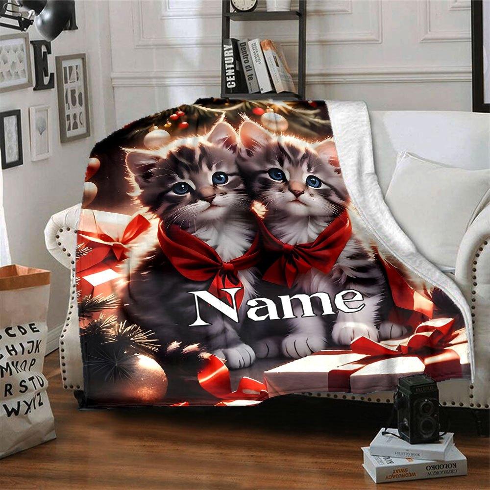 Kittens In Red Ties At Christmas Multi Purpose Customizable Blanket Customize Your Name Ultra Soft Great For Sofa Couch Office Bed Picnics All Season