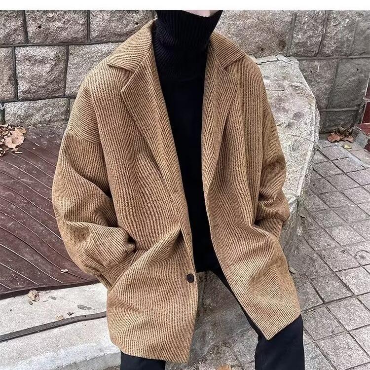 

Men s Trendy Loose Plaid Wool Jacket - Spring/Autumn Korean Style M хакі