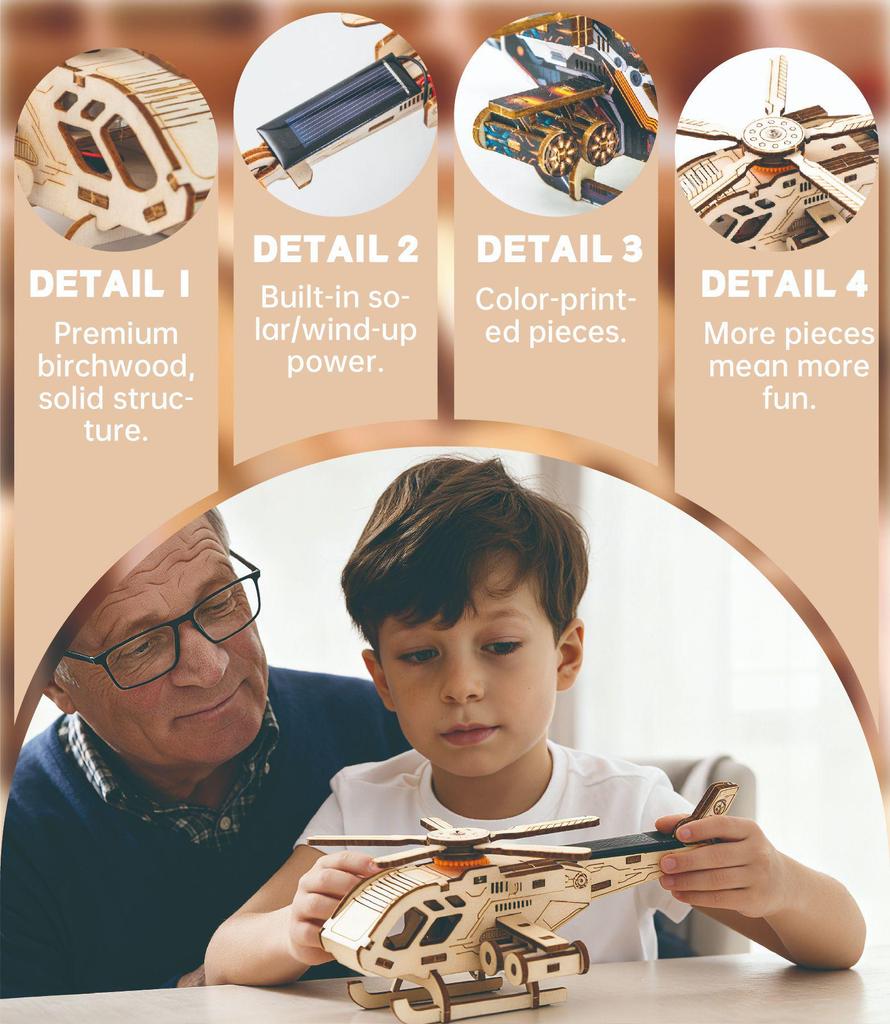 Wooden 3D Solar-Powered Helicopter Puzzle - Educational DIY Toy for Students and Kids