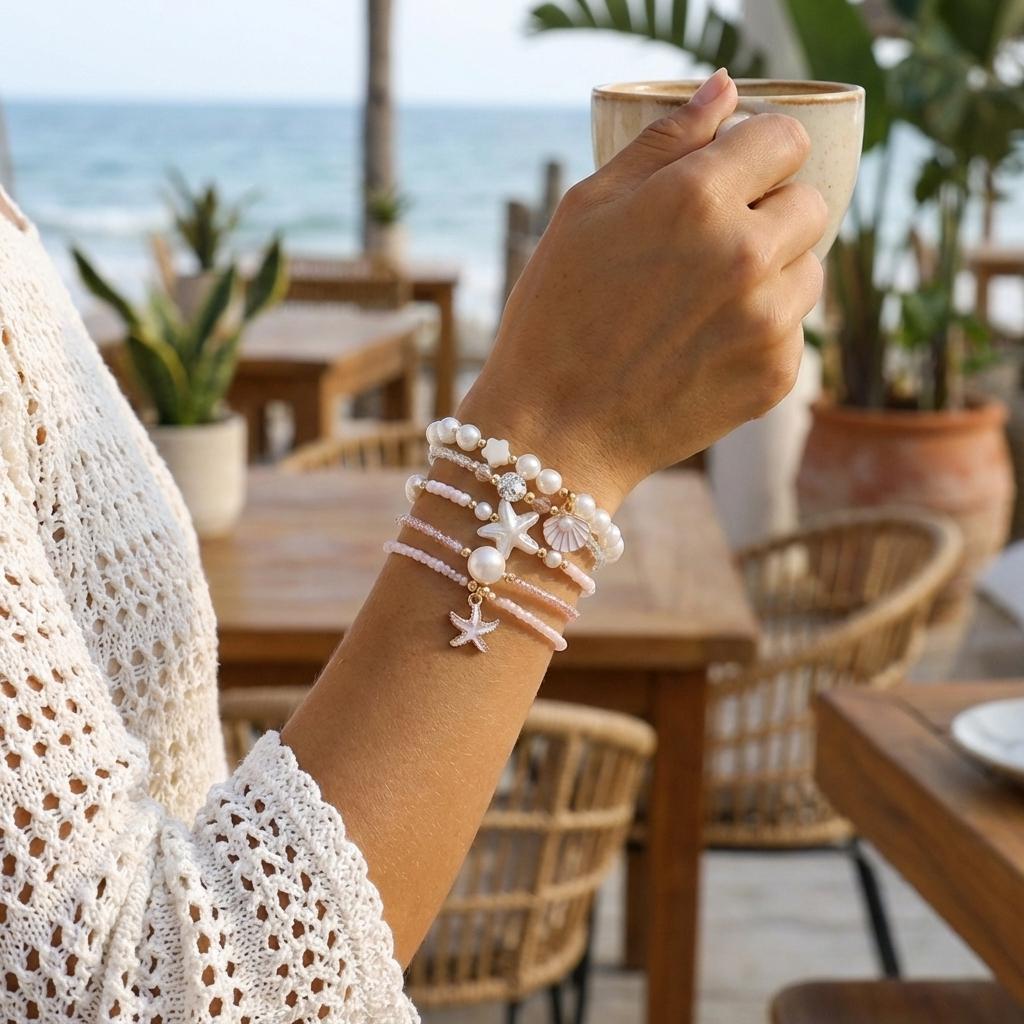 Dainty Shell Imitation Pearl Stretch Bracelets for Women Multilayer Starfish Beaded Stackable Hand Chain Vacation Jewelry Gift