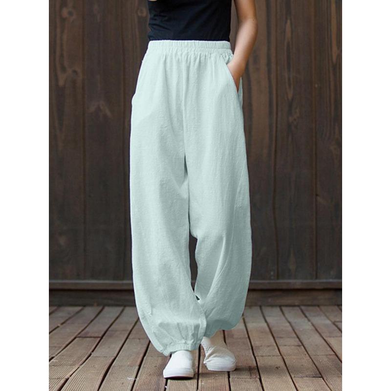 Johnature Damen-Hose aus Leinen mit weitem Bein, 8 Farben, Vintage, elastische Taille, Frühlingshosentaschen, lockere, lässige lange Damenhose