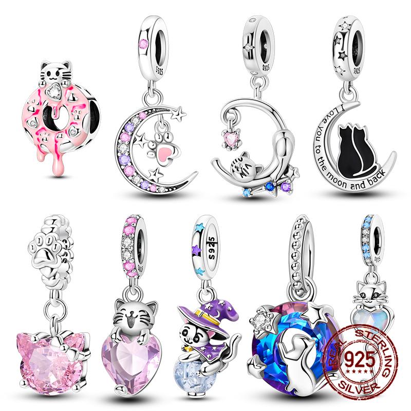 Copper Charms Cute Black Cat Shiny Star Moon Beads Pendants For Original Bracelet Fine Jewelry For Women Gifts Diy