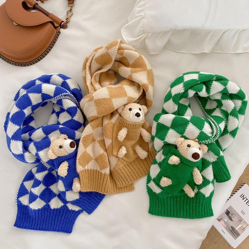 Cute bear short knitted handmade DIY scarf women's winter warm versatile student wool scarf