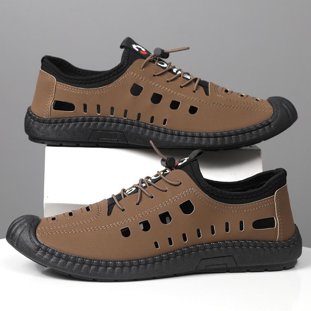 Herren Sandalen Sommer Strandschuhe Weiches Leder Schwarze Sohle Sportschuhe Atmungsaktiv Hohle Ein-Pedal Freizeit Lochschuhe