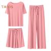 3 Teile/satz Frauen Sommer Pyjamas Set O Hals Kurzarm T-shirt Elastische Taille Shorts Breite Bein Falten Hosen Dame Loungewear Nachtwäsche Set Homewear Top