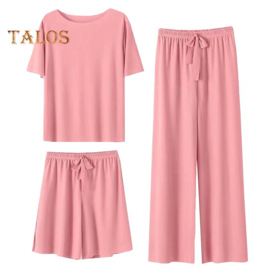 3 Teile/satz Frauen Sommer Pyjamas Set O Hals Kurzarm T-shirt Elastische Taille Shorts Breite Bein Falten Hosen Dame Loungewear Nachtwäsche Set Homewear Top