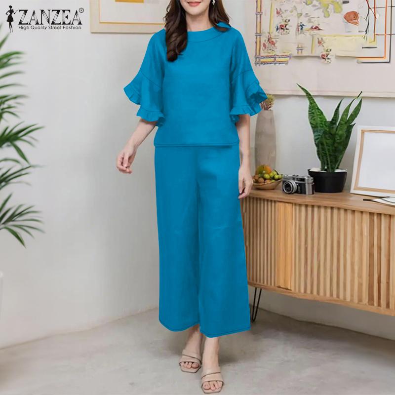 ZANZEA Women Half Sleeve Blouse and Pants Casual Two Piece Suit Sets