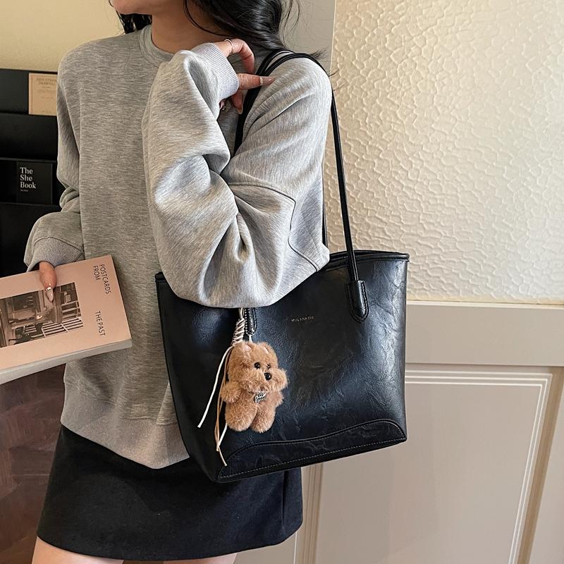 Faux Leather Tote Bag for Women Fashion Minimalist Shoulder Handbag with Wide Handles and Logo Detail