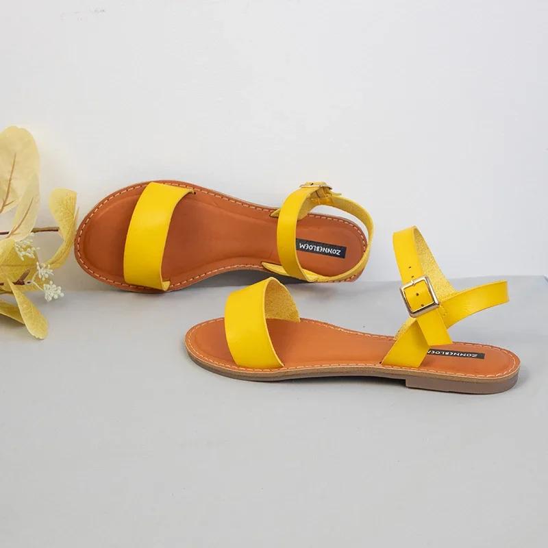 Fashion Women Flat Sandals 2025 Buckle Woman Summer  Shoes Retro Solid Round Toe Comfort Casual Beach Footwear Red Yellow Large Size