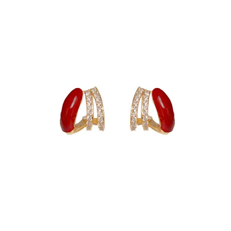 Red C-type zircon mosquito coil disc ear clips without ear holes, autumn and winter niche light luxury high-end temperament earrings, stud earrings