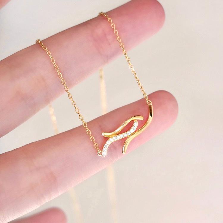 Ripples 14k Gold Plated Wave Zirconia Stud Earrings & Japanese Style Pure Silver Necklace Set for Women 14k Gold