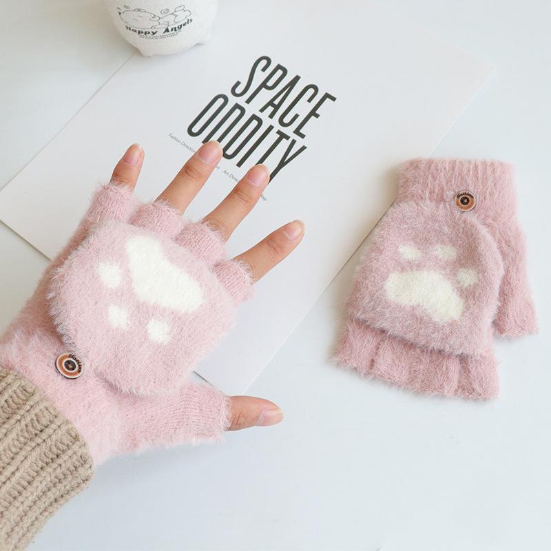 Winter Cute Cartoon Cat Paw Gloves Wholesale Warm Fleece Lined Thick Flip Cover Gloves Student Half Finger Knitted Gloves