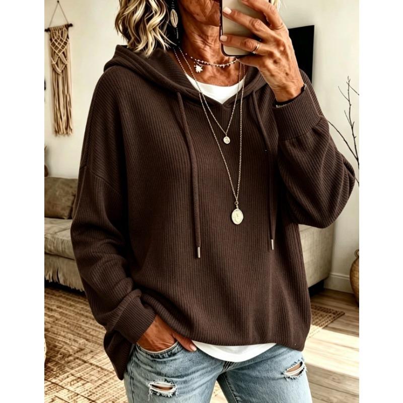 Women S Solid Drawstring Hooded Knit Loose Fit Casual Sweatshirt With Pockets