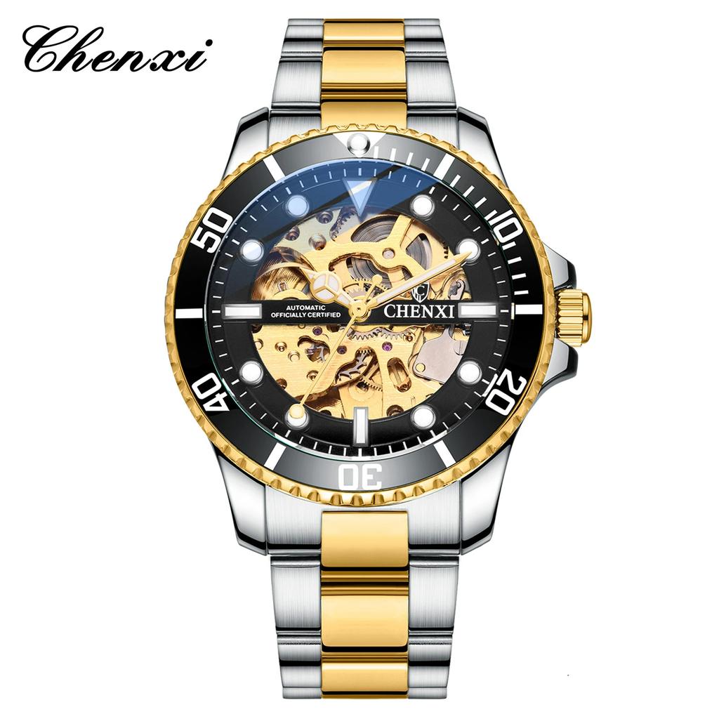 Chenxi Classic Watch Men Unique Dial Green Watches Luxury Gold Skeleton Automatic Mechanical Wristwatches Men Fashion Watches