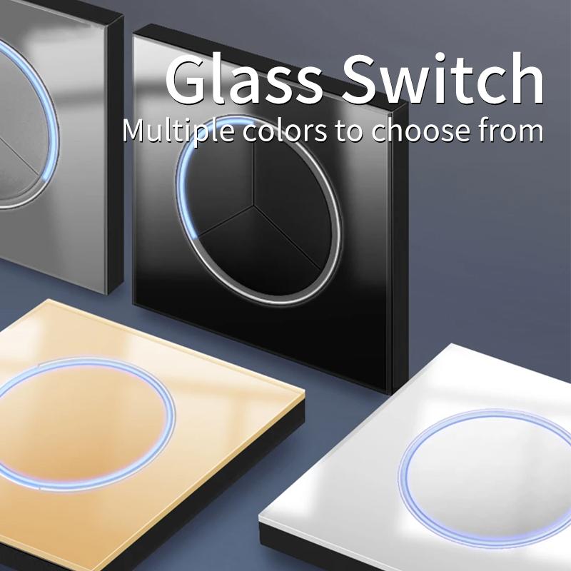 White Glass Panel Switch Button Surround Indicator Light EU UK Standard Circular Reset Switch Socket Office Home Villa Hotel