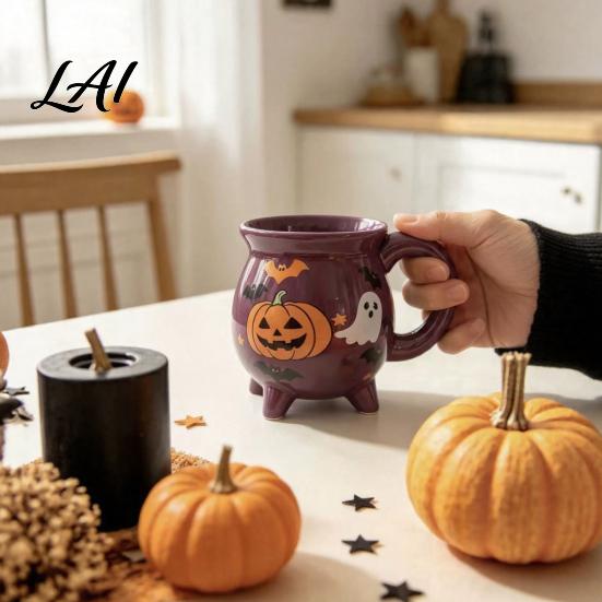 Cute Ghost Pumpkin Teacup Halloween Witch Cauldron Coffee Mug 360ml Spider Web Pattern Purple Novelty Drinkware Ceramic Cup Spooky for Party