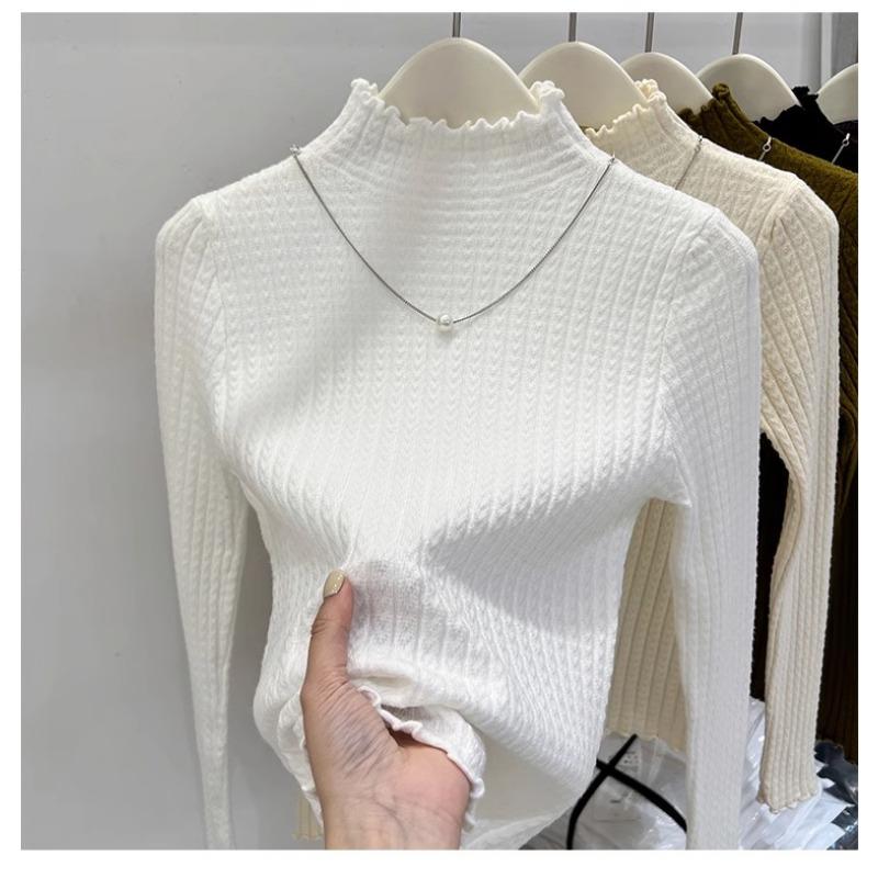 Autumn Winter Semi Turtleneck Knitted Pullover Women Sweater Casual Simple Bottoming Shirt Office Basic Pleated Solid Color Tops New Woman Clothing