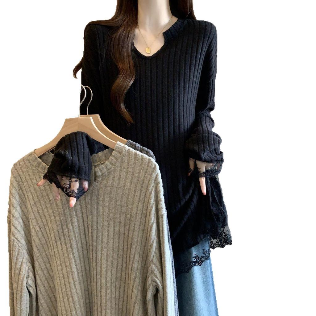 Women's Plus Size V-Neck Lace Hem Long Sleeve Loose T-Shirt – Spring Fashion