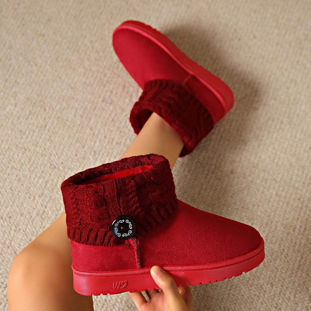 Flat-bottomed Thickened, Buckled Big Red Cotton Shoes Boots Snow Boots Women's Warm Button Boots