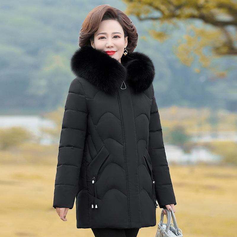 

Довгий материнський пуховик для літніх жінок середнього віку з бавовняною підбивкою XXL чорний