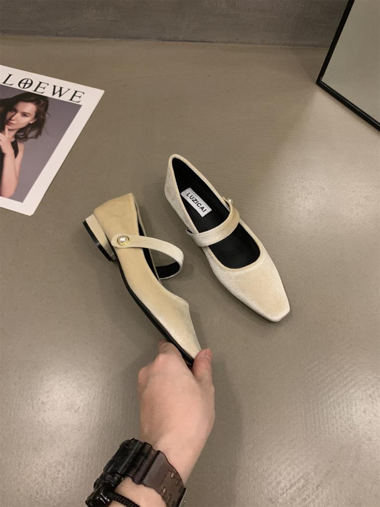 NewElegant Pearl Buckle Velour Mary Jane Shoes Woman Concise Velvet Ballet Flats Ladies Evening Party Low Heel Pumps In Wine-Red
