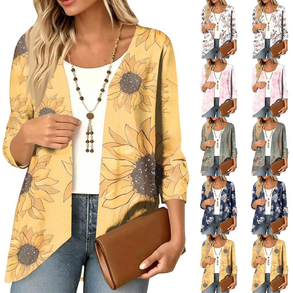 Women's Vintage Floral Print Three-Quarter Sleeve Cardigan Casual Loose Fit Lightweight for Spring Summer