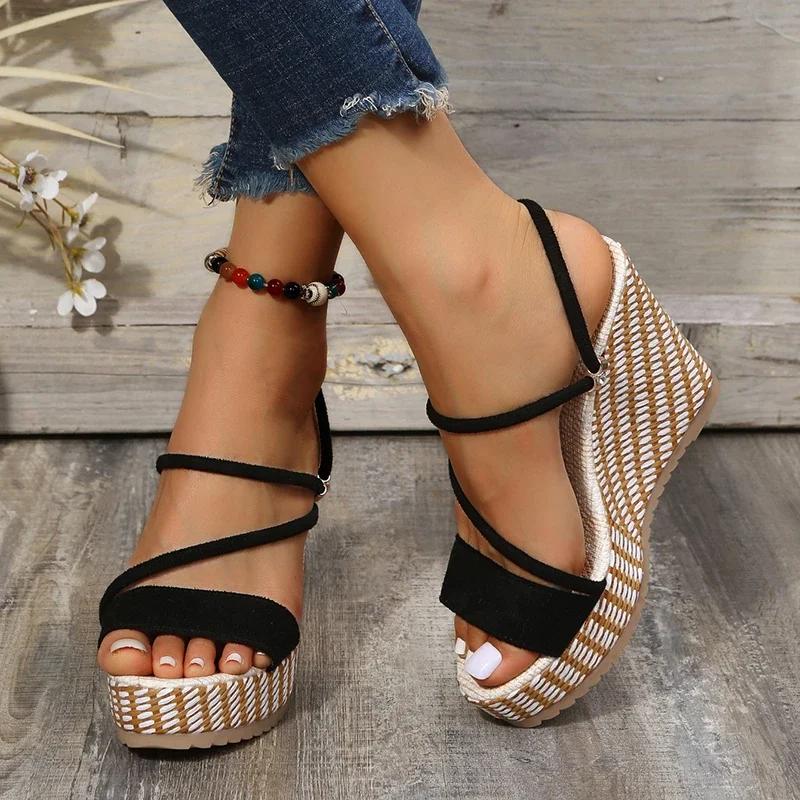 Classic Black Wedge Sandals for Womens Summer Sexy Open Toe Platform Ankle Buckle Slingback Shoe Luxury Comfort Sandalias