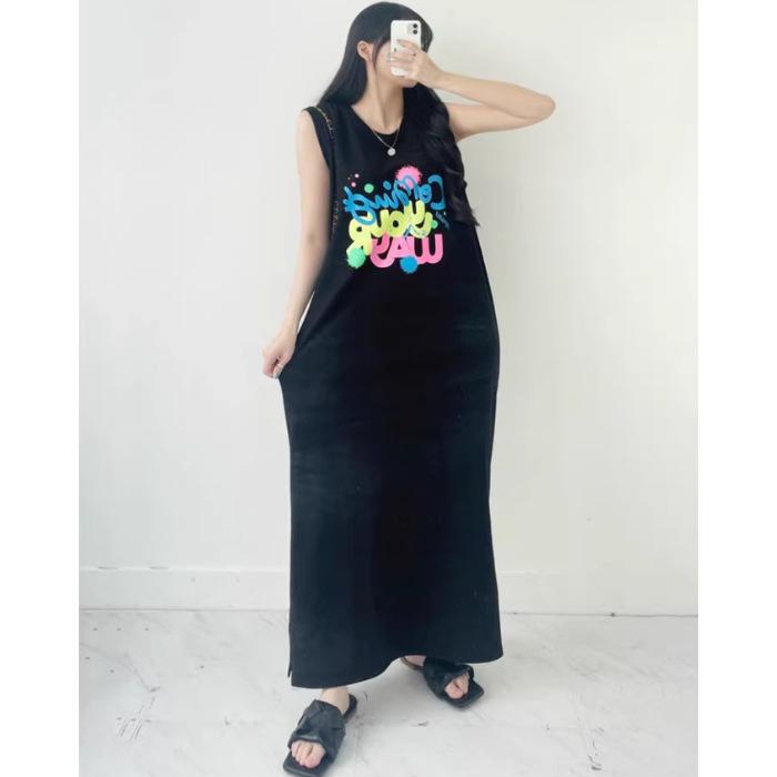 

YYFS Женская мода лето весна без рукавов с круглым вырезом свободная талия повседневные платья XXL чёрный