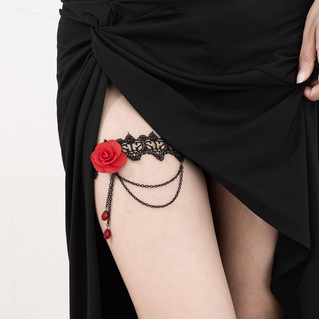 Salircon Sexy Black Lace Elastic Band Thigh Chain For Women Trend Blood Red Crystal Tassel Pendant Rose Leg Chain Body Jewelry