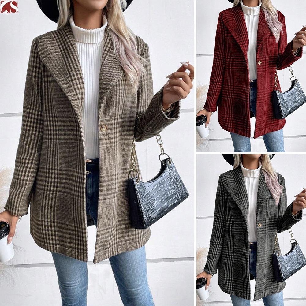 Women's Lapel Long Sleeve Wool Coat Slim Fit Plaid Pattern Commuter Single Button Mid Length Blazer Coat