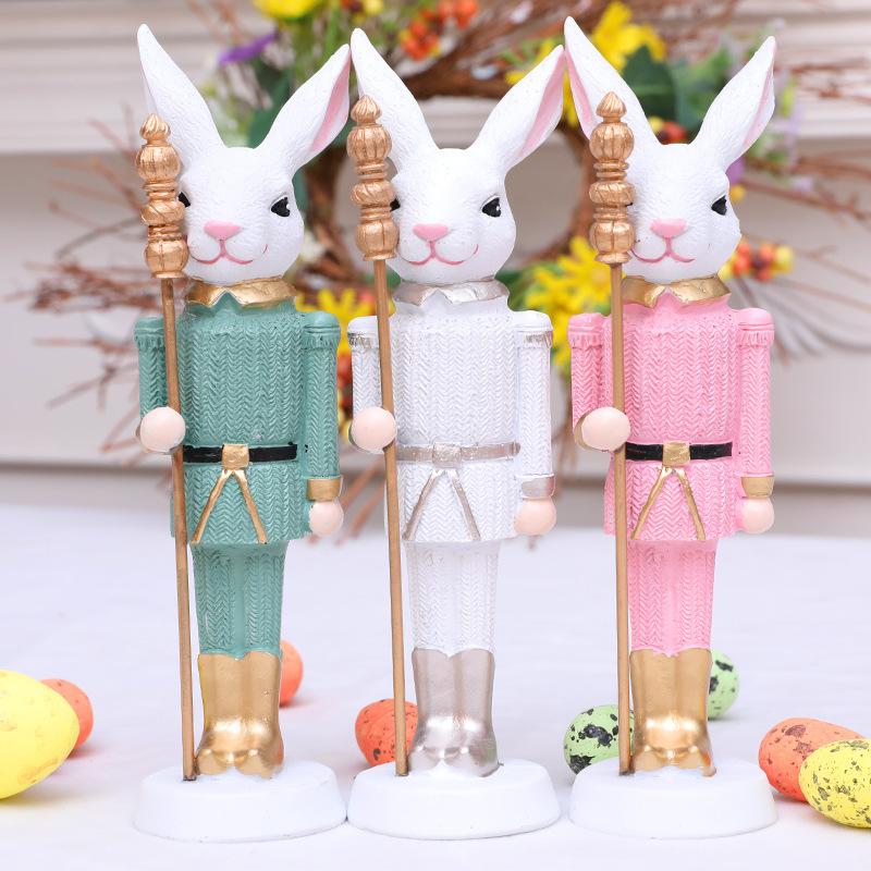 Resin Bunny Decor Easter Desk Statue Rabbit with Scepter Resin Rabbit Animal Sculpture Spring Creative Tabletop Ornaments for