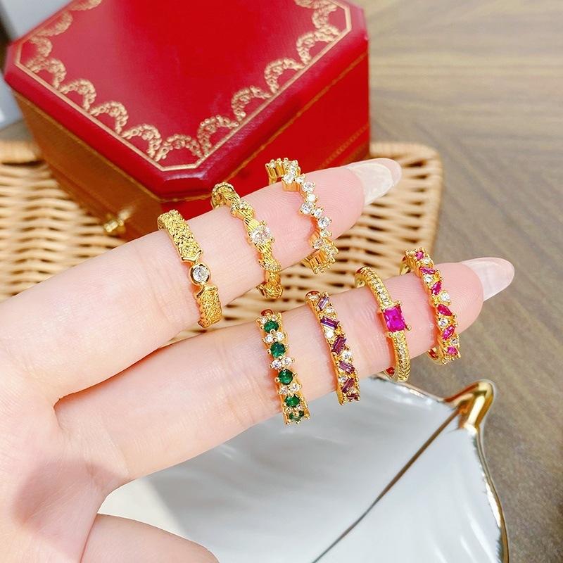 [Golden Diamond Dream] Medieval Vintage Narrow Version Full Of Diamonds Zir*****Pen Ring Geometric Super Fairy Stacked Ring