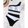 Sexy Black White Patchwork Bikini Women Ruffles One Shoulder Push Up High Waist Swimsuit Summer Bathing Suit Vacation Swimwear