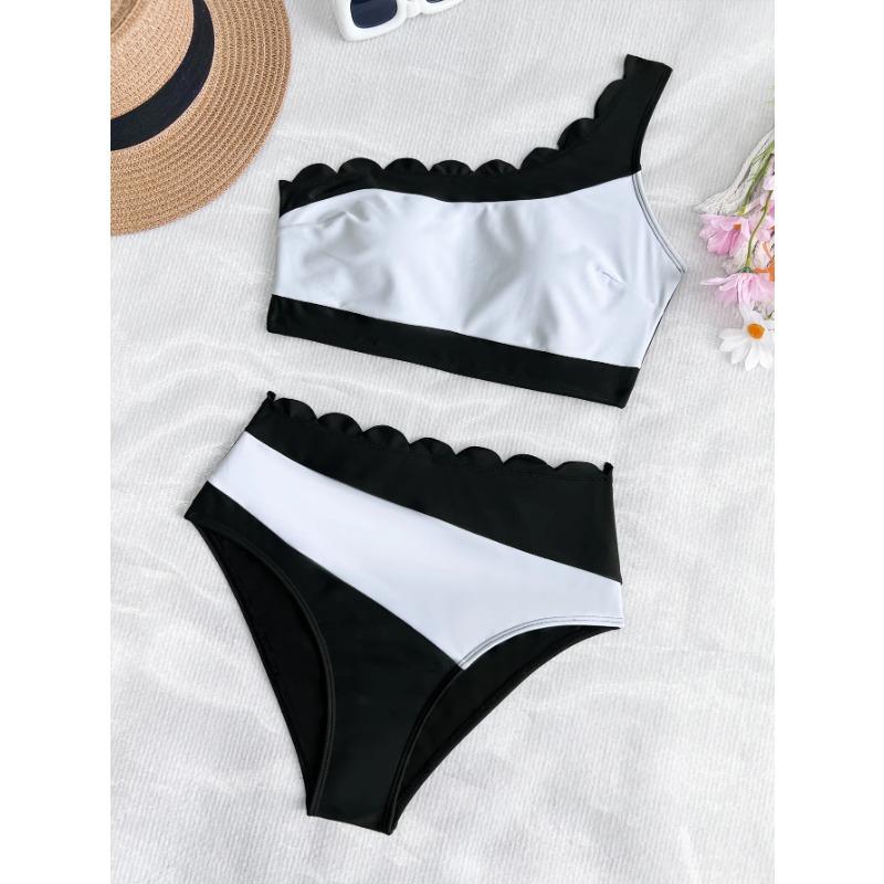 Sexy Black White Patchwork Bikini Women Ruffles One Shoulder Push Up High Waist Swimsuit Summer Bathing Suit Vacation Swimwear