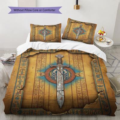 Ägyptische Wandmalerei Muster Bettwäsche Steppdecke Set Bettbezug Kissenbezug Heimdekoration Geburtstagsgeschenk (1 Bettbezug + 2 Kissenbezüge, ohne Füllung)