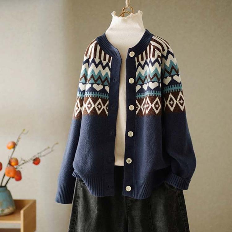 

Women s Retro Jacquard Crew Neck Loose Knit Cardigan Spring Autumn Ethnic Style Sweater Coat Top One Size тёмно-синий