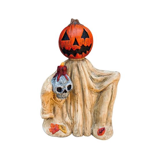 Halloween Pumpkin Statue Spooky Ghost Pumpkin Holding Skull Figurine Resin Gothic Decoration for Indoor Outdoor Home Tabletop Garden Decor
