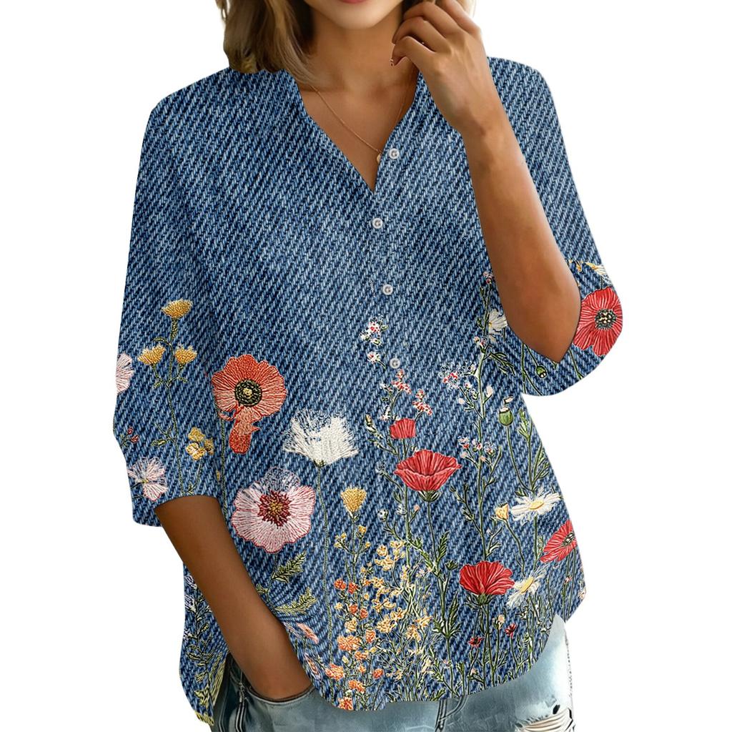 Women Button Front Vintage Floral Print Shirt Three Quarter Sleeve Loose Fit Blouse Casual Lightweight Top for Everyday Wear