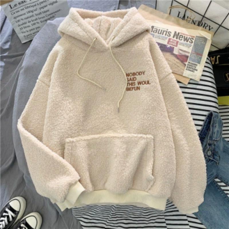 Lamb Fleece Hoodie for Women, Korean Version, Trendy Student, Loose and Lazy Style, Autumn and Winter with Thick Fleece and Hooded Top, Jacket