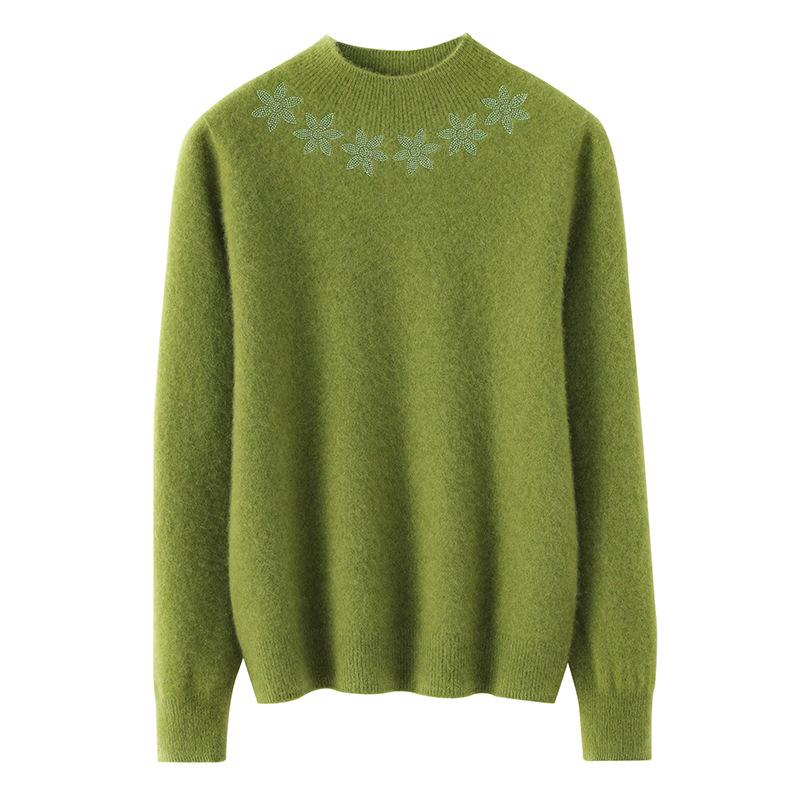 Autumn/Winter Rhinestone Embellished Knit Pullover - Women's Semi-High Neck Long Sleeve Top
