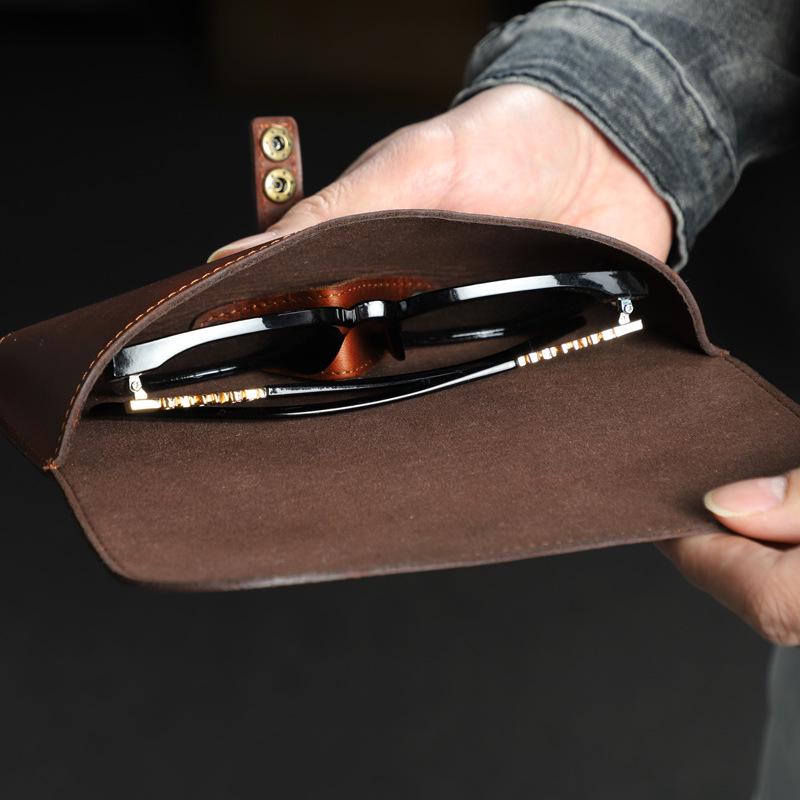 Retro Genuine Leather Sunglasses Case - Crazy Horse Cowhide Travel Glasses Storage Box