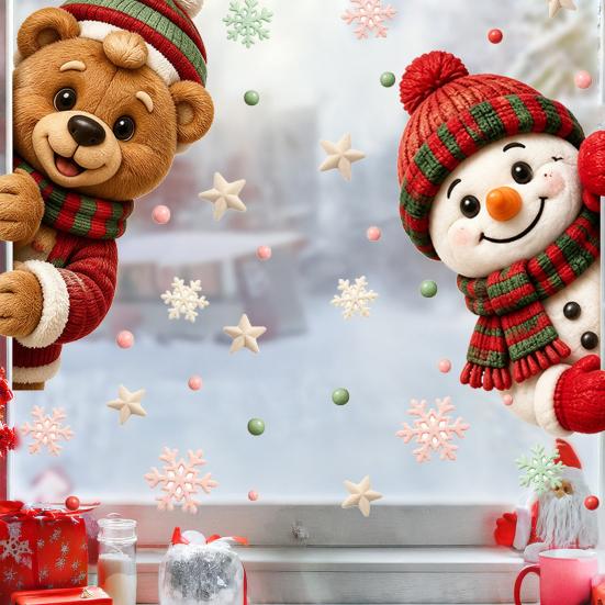 Christmas Window Clings 2Pcs Clings, Cute Bear Snowman Static Decals, 16" X Cling Decals 12" Removable Festive Stickers for Glass Doors Home