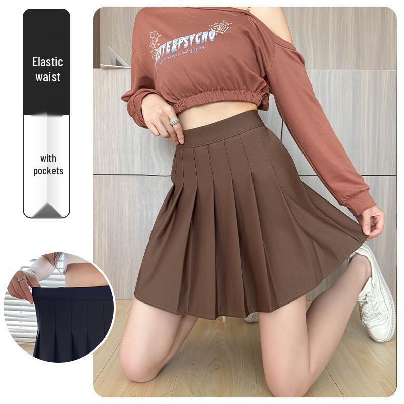 2025 High Waist Black Pleated Midi Skirt for Women - A-Line, College Style, Anti-Exposure, Slimming Fit