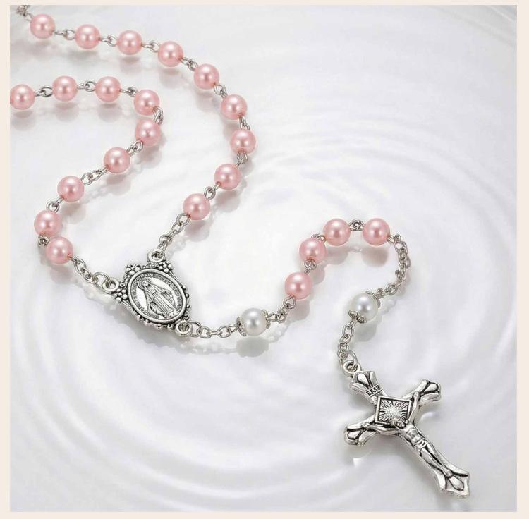 Collana Rosario Perla Rosa Perline di Preghiera Cattoliche Medaglia Vergine Maria Collana con Croce Religiosa per donne Gioielli Religiosi Regalo