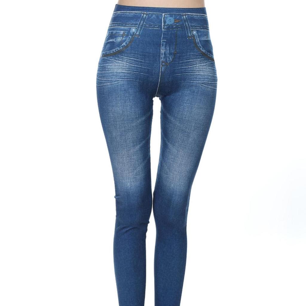 Schlanke Damen Faux Denim Jeans Taschen Mode Leggings mittelhoch geschnitten Bleistifthose Push Up Vintage Schlanke Hose