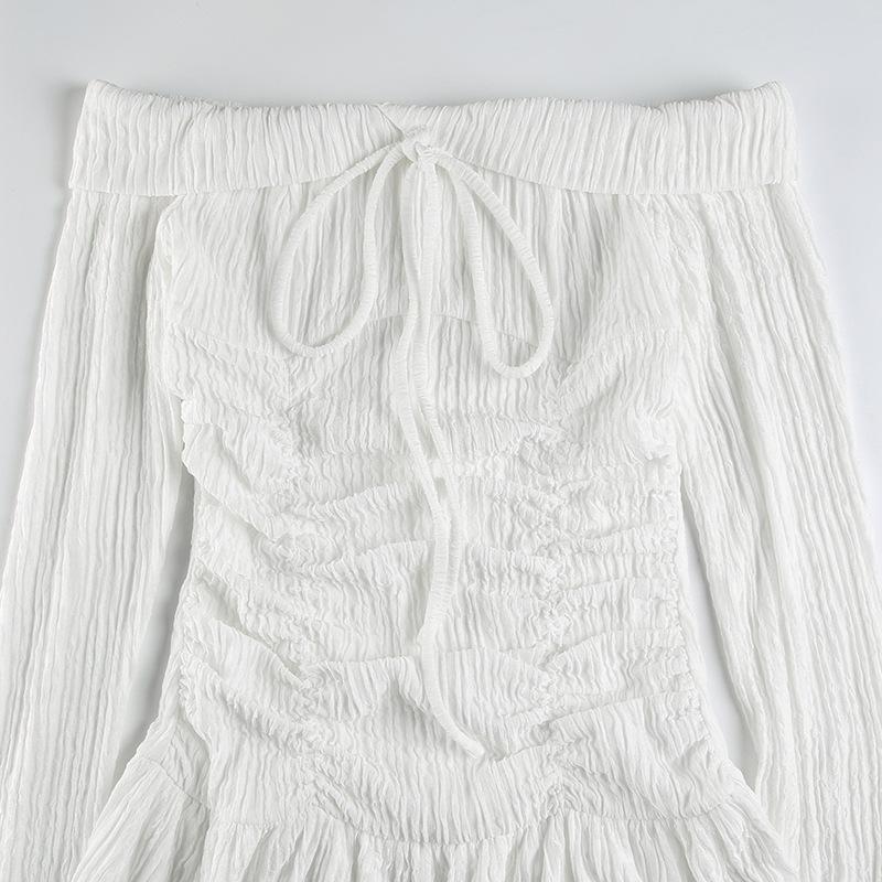 Women's Pure Desire To Pull A Pleated Waist One-line Shoulder Dress Sexy Sweet Spicy Waist Slimming Long Sleeve Low Waist Short Dress