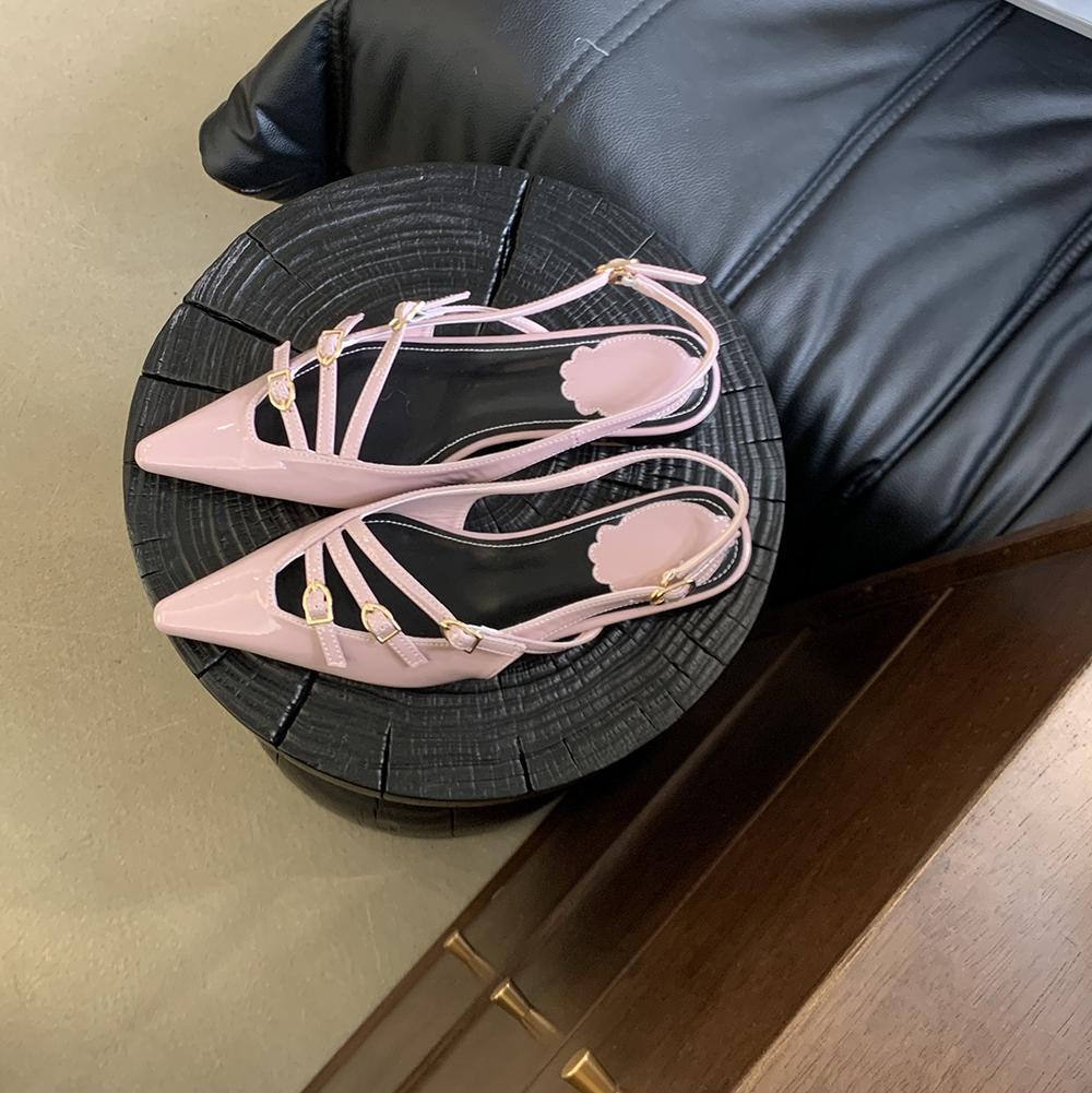 

модные женские сандалии с острым носком, узкие, на низком плоском каблуке, розовые, черные, белые, с пряжкой на ремне сзади, летние сандалии, мюли, обувь для женщин, размер 39 7.5 розовый