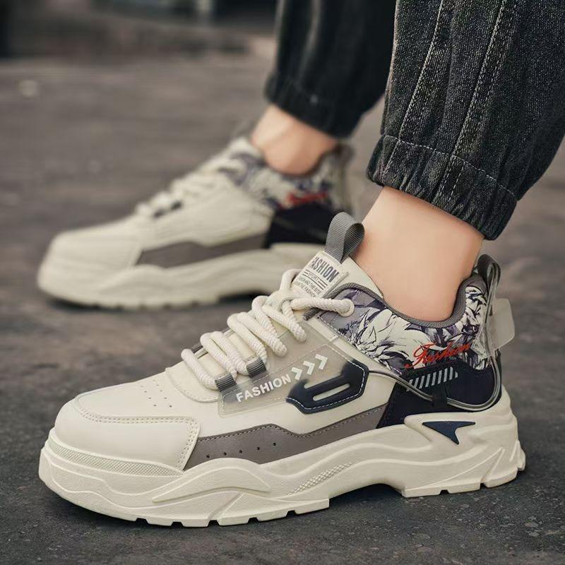 New Men's Sports Single Shoes Leather Surface Casual Board Shoes Young and Young Thick Sole Heightening Non-slip Tooling Shoes Yellow Outdoor